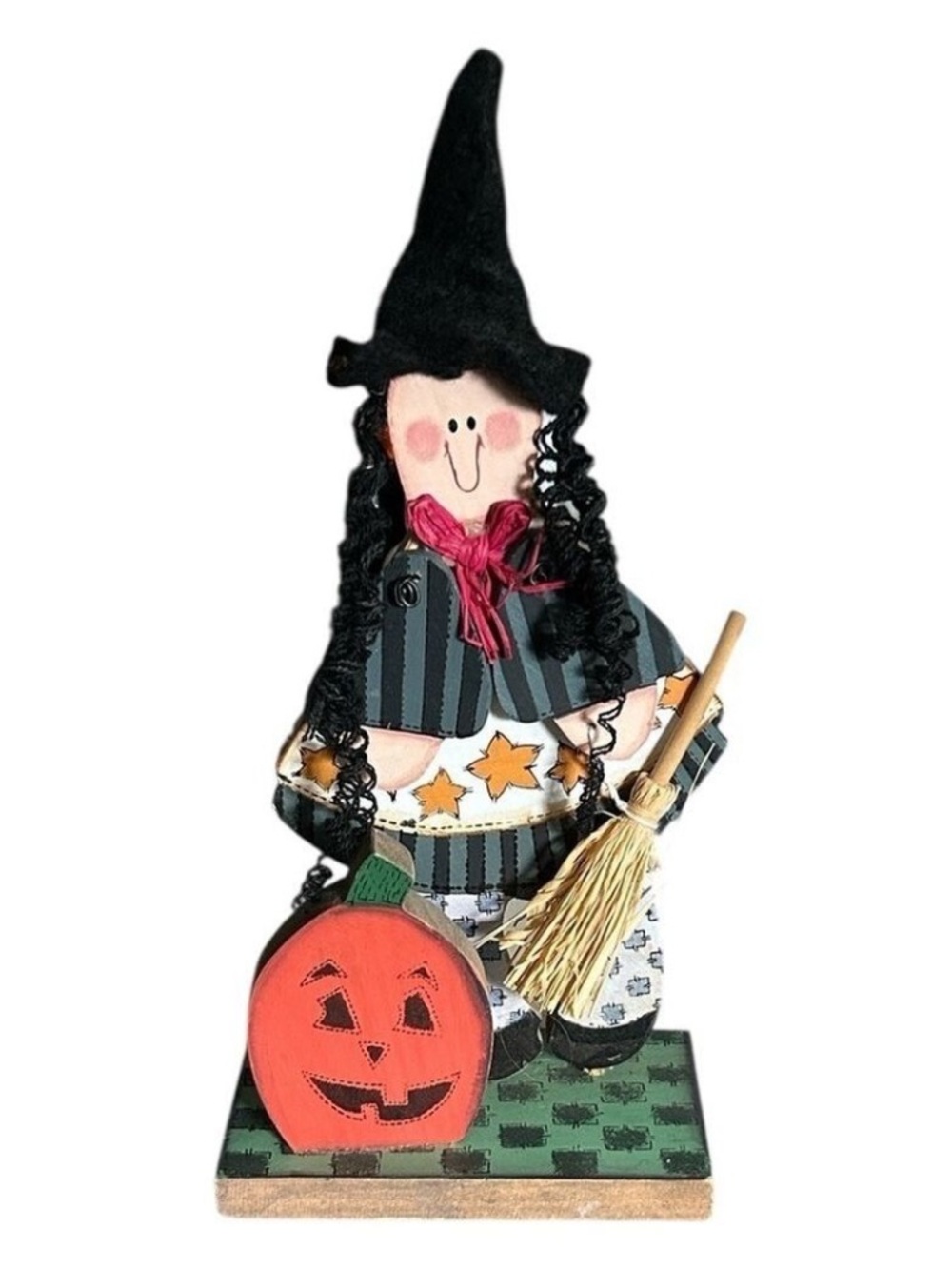 Wooden Halloween Good Witch Figurine with Curly Black Hair and Broom 11” - Picture 9 of 9